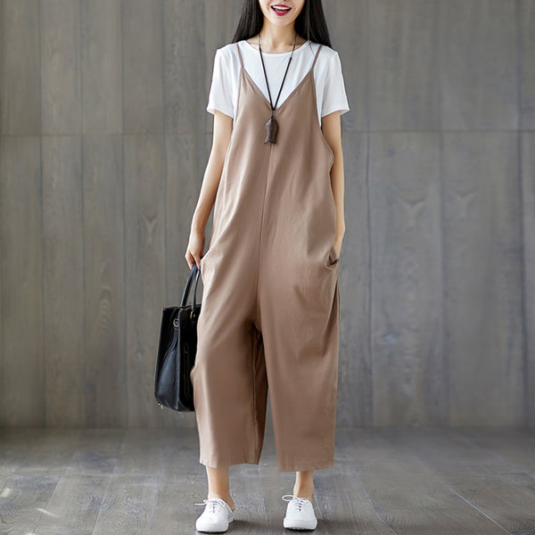 Women Solid Plus Size Spaghetti Straps Jumpsuit Ladies Casual Loose V Neck  O1U7