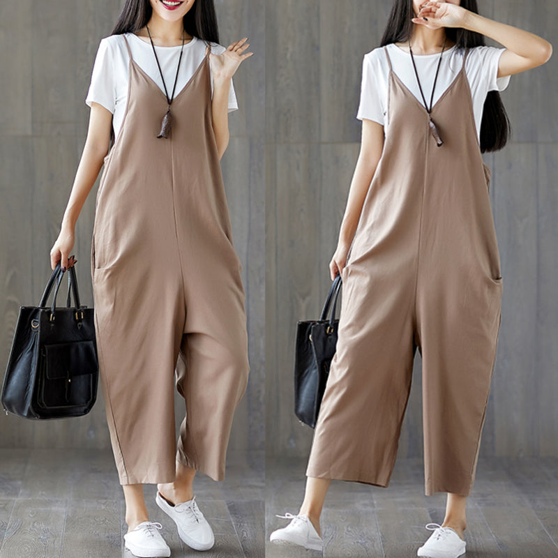 Women Solid Plus Size Spaghetti Straps Jumpsuit Ladies Casual Loose V Neck  O1U7
