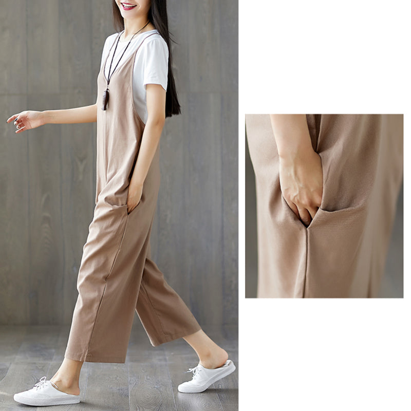 Women Solid Plus Size Spaghetti Straps Jumpsuit Ladies Casual Loose V Neck  O1U7