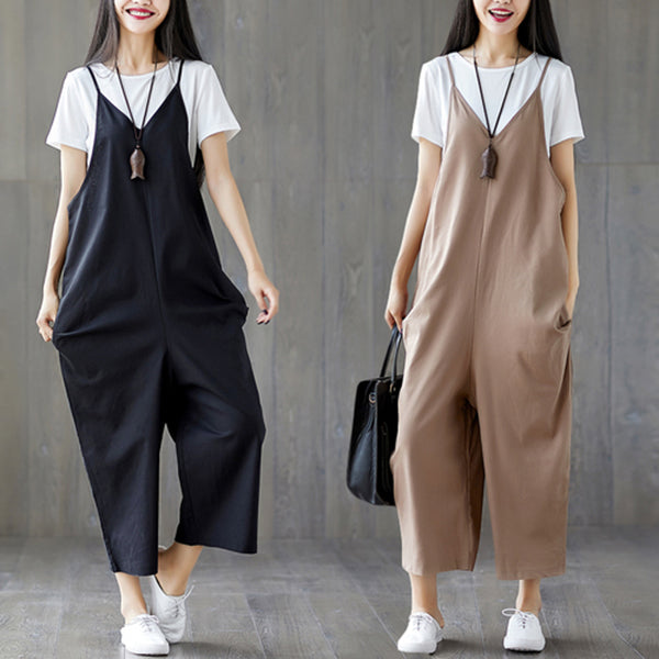 Women Solid Plus Size Spaghetti Straps Jumpsuit Ladies Casual Loose V Neck  O1U7