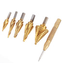 Drillpro 6pcs 1/8 to 1-3/8 Inch Upgrade Step Drill Titanium Spiral Grooved Step Drill Bit Set with Automatic Center Punch and Aluminum Case