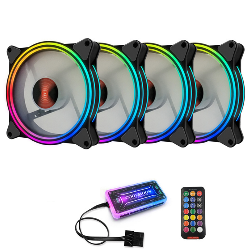 Coolmoon 4PCS 40000Hrs 120mm RGB Adjustable LED Cooling Fan Multiple Thin Apertures CPU Cooling Fan with the Remote Control for Desktop PC