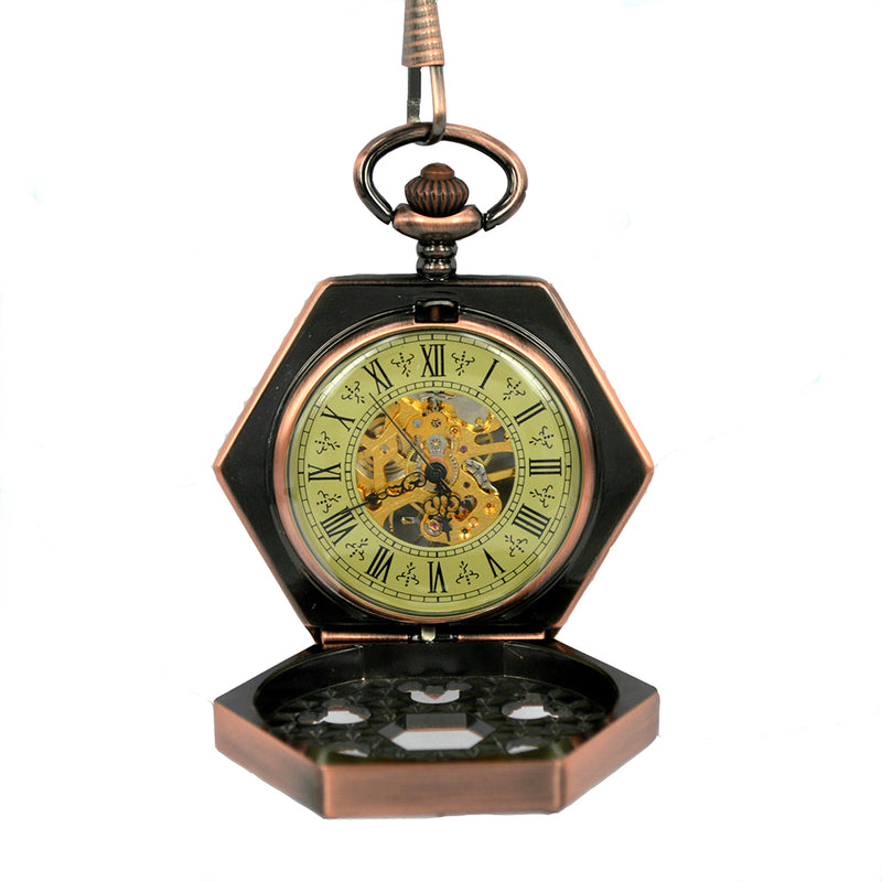 JIJIA JX002 Men Hexagon Hollow Leaf Roman Numerals Mechanical Watch Pocket Watch