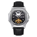 Silver Case Men Watch Moon Phase Business Style Leather Strap Automatic Mechanical Watch