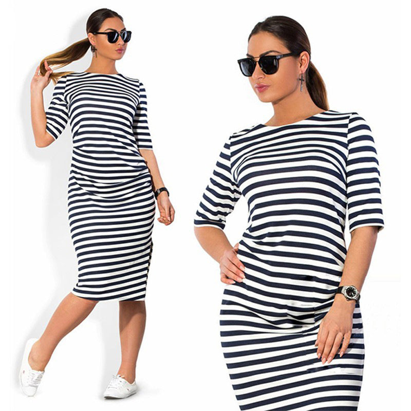 Women's Clothing O Neck Zebra Black Striped Dress Straight Casual Dress Eur S6I6