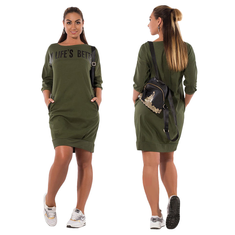 Autumn Winter Women's Large Size Dresses Casual Elegant Style Pockets Lette G5Y7