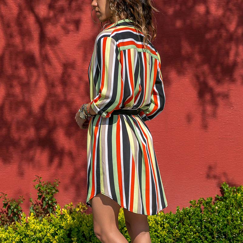 Autumn Women Striped Shirt Dress Ladies Casual Long Sleeve Loose Beach Dres N3N8