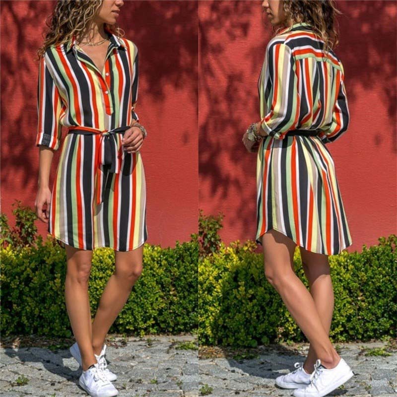 Autumn Women Striped Shirt Dress Ladies Casual Long Sleeve Loose Beach Dres N3N8