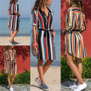 Autumn Women Striped Shirt Dress Ladies Casual Long Sleeve Loose Beach Dres N3N8