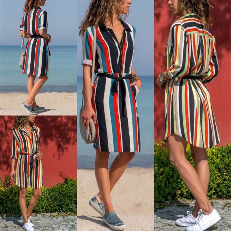 Autumn Women Striped Shirt Dress Ladies Casual Long Sleeve Loose Beach Dres N3N8