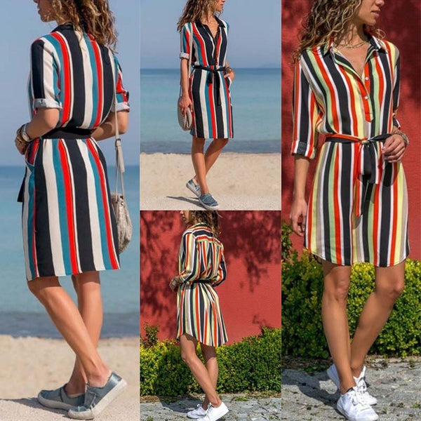 Autumn Women Striped Shirt Dress Ladies Casual Long Sleeve Loose Beach Dres N3N8
