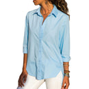 Women Fashion Solid Color Lapel Side Buttons Split Long Sleeve Chiffon Blou A9D8