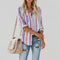 Women Fashion Lapel Long Sleeve Color Striped Print Button Down Shirt Ladie U6Y4
