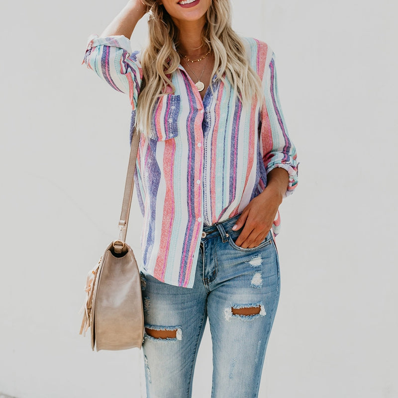 Women Fashion Lapel Long Sleeve Color Striped Print Button Down Shirt Ladie U6Y4