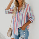 Women Fashion Lapel Long Sleeve Color Striped Print Button Down Shirt Ladie U6Y4