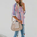 Women Fashion Lapel Long Sleeve Color Striped Print Button Down Shirt Ladie U6Y4