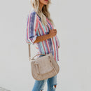 Women Fashion Lapel Long Sleeve Color Striped Print Button Down Shirt Ladie U6Y4