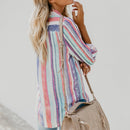 Women Fashion Lapel Long Sleeve Color Striped Print Button Down Shirt Ladie U6Y4