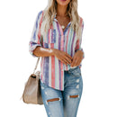 Women Fashion Lapel Long Sleeve Color Striped Print Button Down Shirt Ladie U6Y4