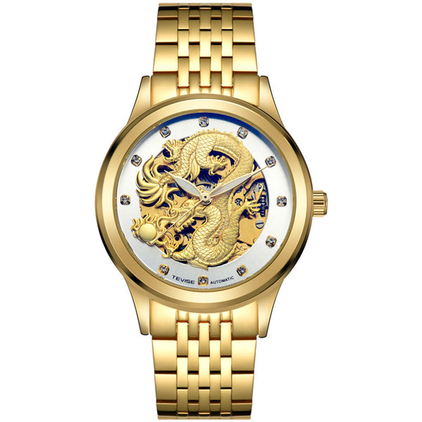 TEVISE 9006 Mechanical Watch Men Women Hollow Dragon Phoenix Pattern Watch Stainless Steel Watch