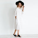 Women Lapel Neck Button Striped Roll-up Sleeve Midi Dress Casual Loose Long W6B5