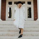 Women Lapel Neck Button Striped Roll-up Sleeve Midi Dress Casual Loose Long W6B5