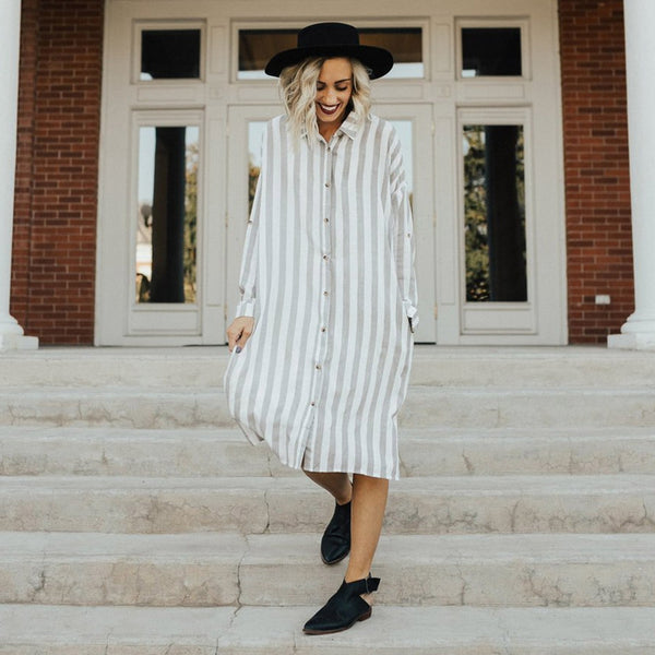 Women Lapel Neck Button Striped Roll-up Sleeve Midi Dress Casual Loose Long W6B5