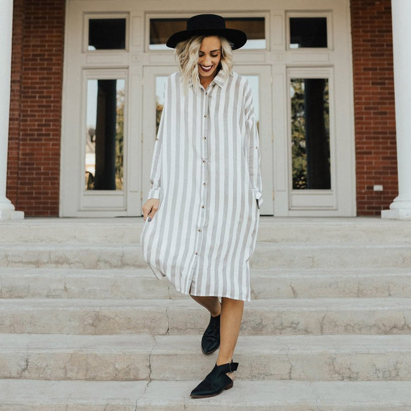 Women Lapel Neck Button Striped Roll-up Sleeve Midi Dress Casual Loose Long W6B5