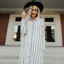 Women Lapel Neck Button Striped Roll-up Sleeve Midi Dress Casual Loose Long W6B5