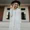 Women Lapel Neck Button Striped Roll-up Sleeve Midi Dress Casual Loose Long W6B5