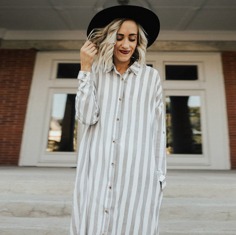 Women Lapel Neck Button Striped Roll-up Sleeve Midi Dress Casual Loose Long W6B5