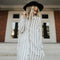 Women Lapel Neck Button Striped Roll-up Sleeve Midi Dress Casual Loose Long W6B5
