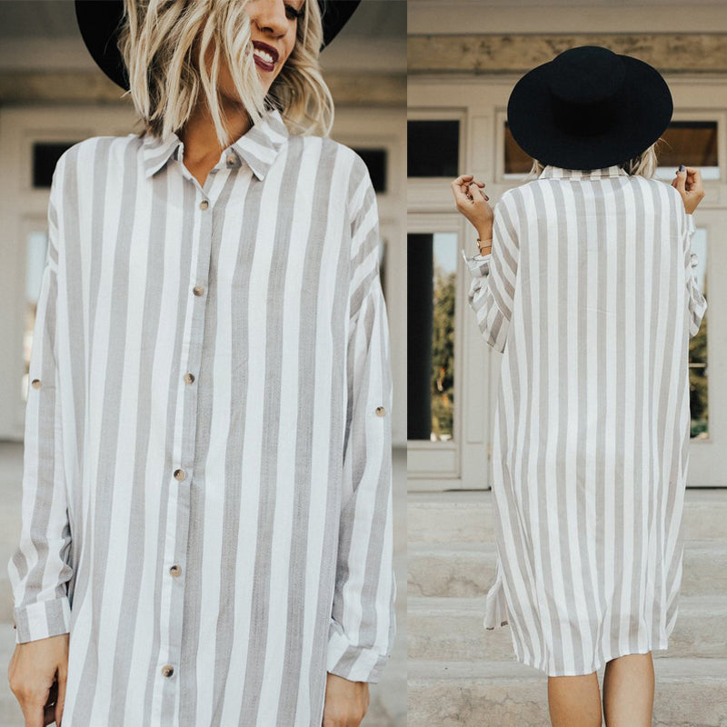 Women Lapel Neck Button Striped Roll-up Sleeve Midi Dress Casual Loose Long W6B5