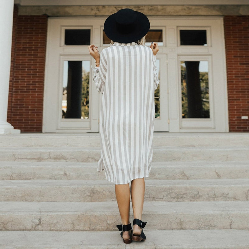 Women Lapel Neck Button Striped Roll-up Sleeve Midi Dress Casual Loose Long W6B5