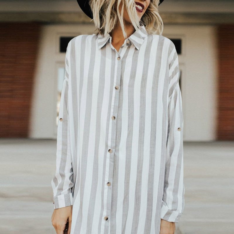 Women Lapel Neck Button Striped Roll-up Sleeve Midi Dress Casual Loose Long W6B5
