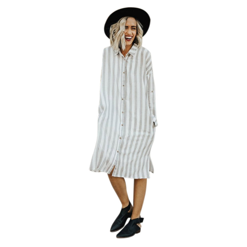 Women Lapel Neck Button Striped Roll-up Sleeve Midi Dress Casual Loose Long W6B5