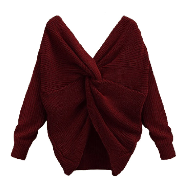 New Autumn Winter Twisted Back Sweater Long Sleeve Knitted Sweaters Pullove H9V4