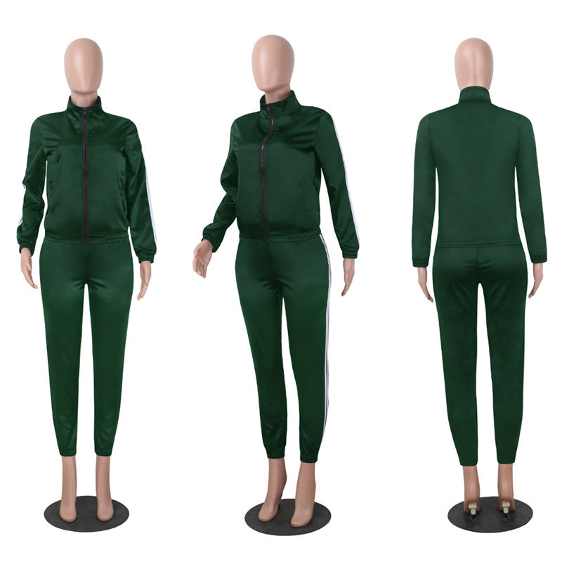 Women Tracksuit Elegant 2 Piece Set Top And Pants Satin Side Stripe Patchwo Q3W1