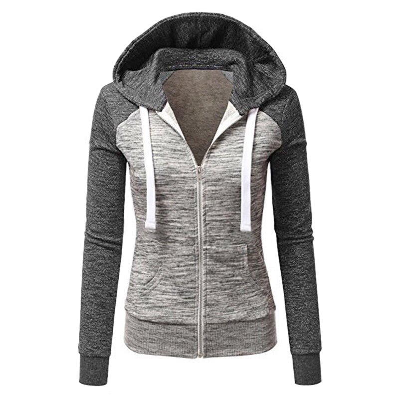 Women Autumn Zip Up Patchwork Hooded Coat Jacket Sweatshirt Ladies Casual C F6T2