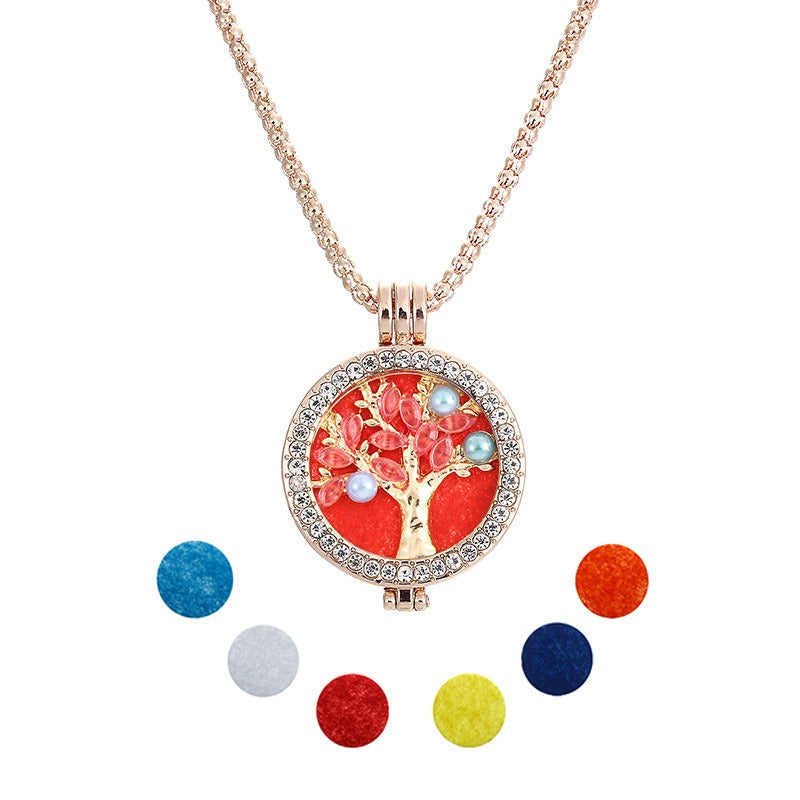 Trendy Rhinestone Fragrance Necklace Life Tree Essential Oil Necklace For Women