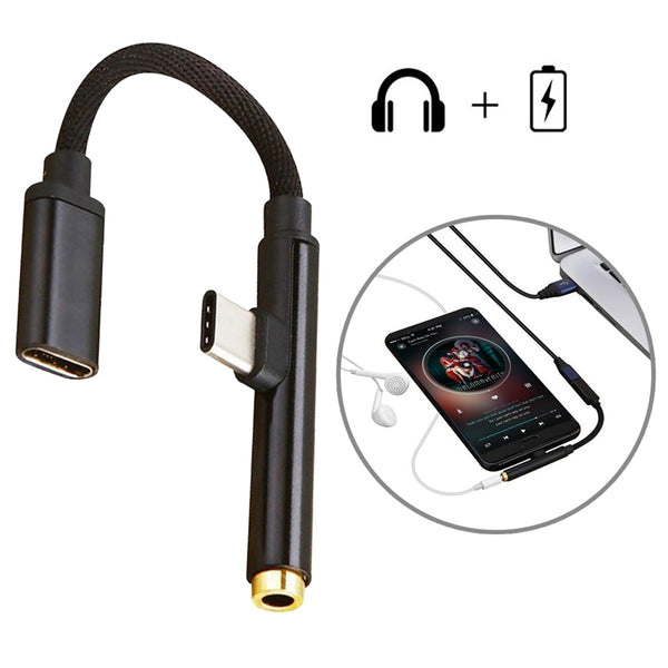 2in1 Type-C To USB-C 3.5mm Jack Aux Earphone Cable Adapter black I8A5