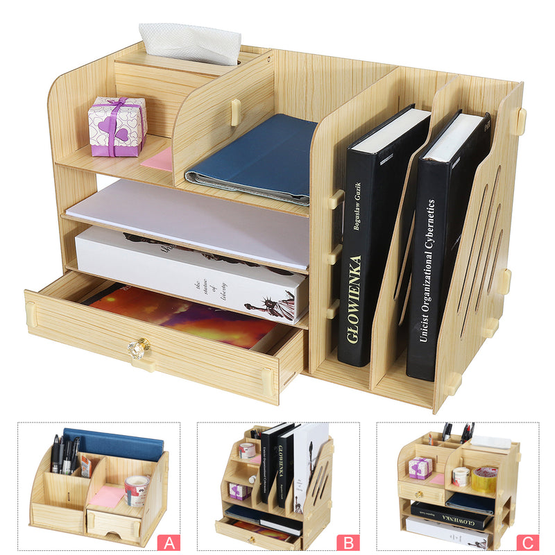 Wooden Desktop Organizer Pen Holder Office Supplies Storage Wooden Desk Organizer Home Office Supply Storage Rack with a Free Mobile Phone Holder