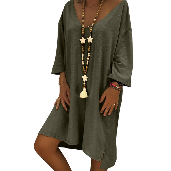 Fashion Women New Half Sleeve V Neck Solid Dress Female Casual Loose Vintag G7X8