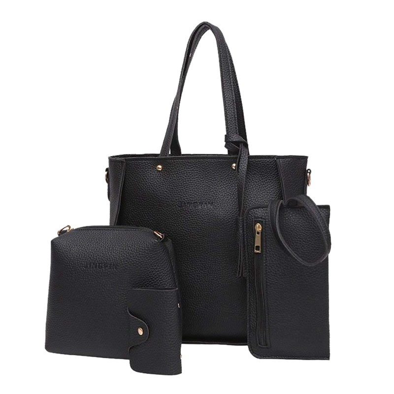 Women Fashion Handbag Shoulder Bag Purse Leather Tote Bag 4 Pieces (Black) K3R3