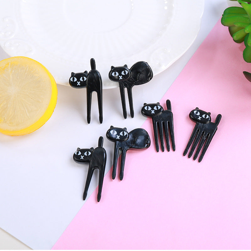 6Pcs Mini Animal Fork Fruit Picks Cute Cartoon Black Cat Children Fork Toothpick Novelties Toys