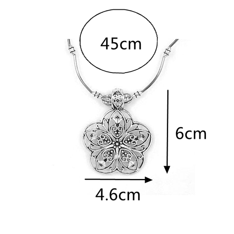 Ethnic Tibetan Hollow Flower Pendant Necklace Antique Silver Necklace Sweater Necklace For Women