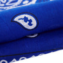 Sapphire blue bandana scarf with square black white paisley pattern on both