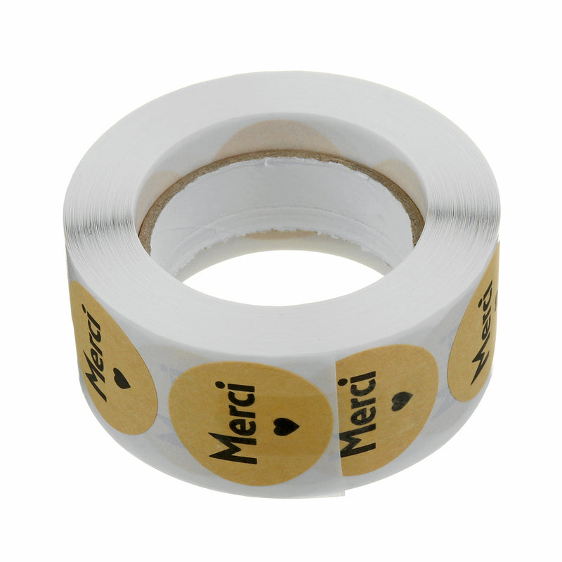 500Pcs/Set French Merci Stickers Roll Kraft Paper Round Sealing Commercial Labels