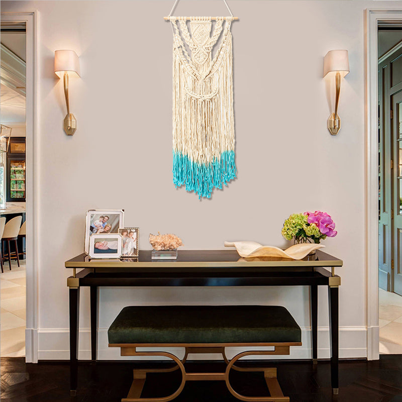 18'' Beige Blue Handmade Macrame Wall Hanging Cotton Tapestry Bohemian Art Decor