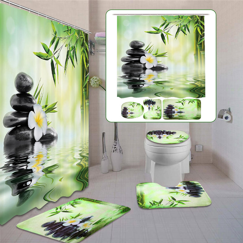 Bamboo Printing Waterproof Bathroom Shower Curtain Toilet Cover Mat Non-slip Carpet